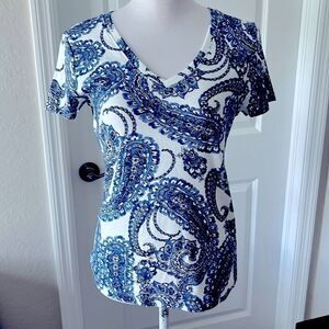 Tommy Hilfiger Blue and White Paisley V Neck Short Sleeve top NWOT 2/20
sale